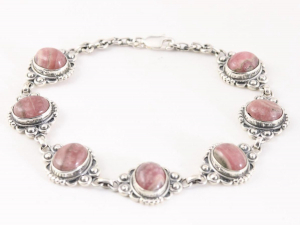 31899-19.5 Bewerkte zilveren armband met rhodochrosiet - polsomtrek 19.5 cm